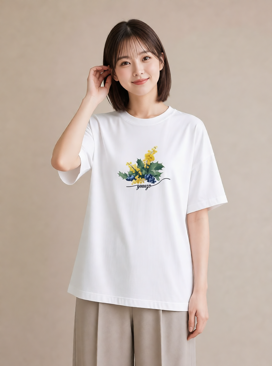 半袖Tシャツ レディース ミモザ 花 花柄 イラスト ユニーク 女性向けギフト 散歩 白T