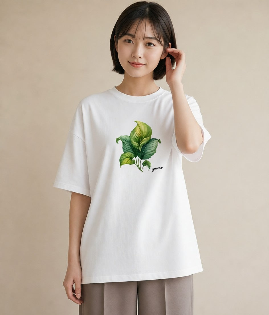 グラフィックTシャツ レディース 新緑 植物 ボタニカル イラスト ユニーク ラフ レイヤード 白T YMAZO
