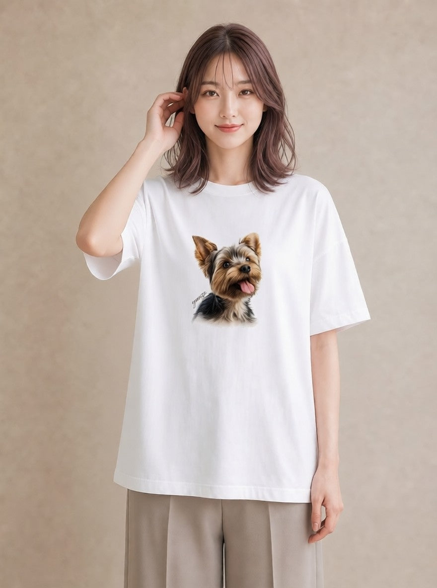 グラフィックTシャツ レディース ヨークシャーテリア 犬 いぬ イラスト 韓国風 誕生日プレゼント 綿100 白T YMAZO