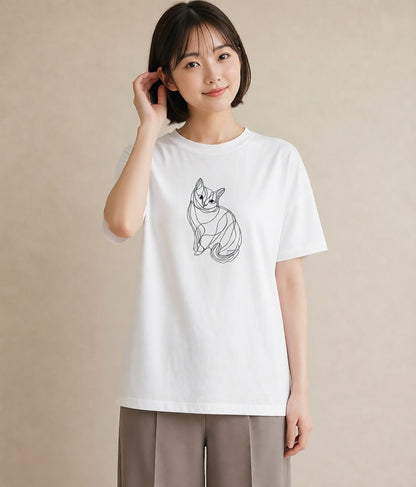 グラフィックTシャツ レディース 猫 ねこ ネコ イラスト 線画 散歩 お出かけ 白T YMAZO