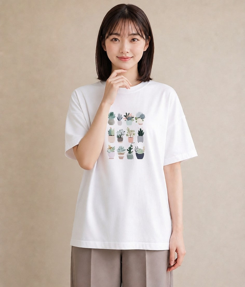 Tシャツ レディース 多肉植物 植物 ボタニカル イラスト きれいめカジュアル 自分用 ルームウェア 白T YMAZO