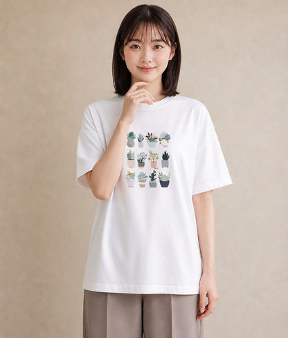 Tシャツ レディース 多肉植物 植物 ボタニカル イラスト きれいめカジュアル 自分用 ルームウェア 白T YMAZO