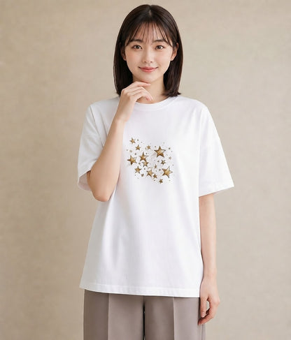 グラフィックTシャツ レディース 星 星空 宇宙 イラスト フェミニン カジュアルコーデ 買い物 白T YMAZO