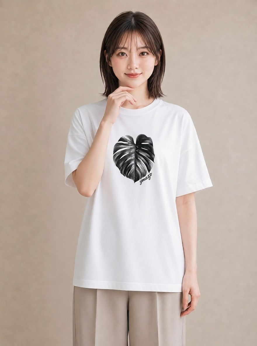 グラフィックTシャツ レディース モンステラ 植物 ボタニカル イラスト シンプル 春服 ミセス 白T YMAZO