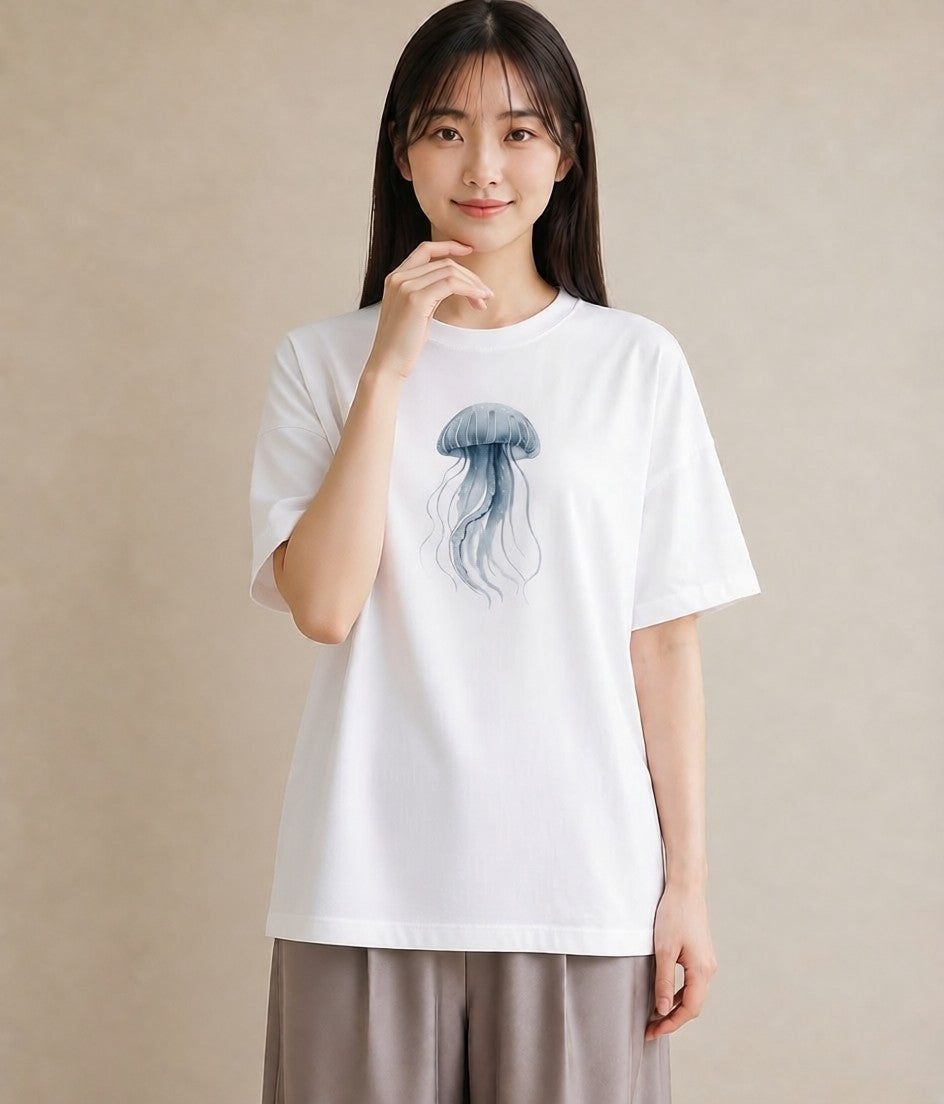 プリントTシャツ レディース イカ 海の生き物 海 イラスト 線画 在宅 公園 白T YMAZO