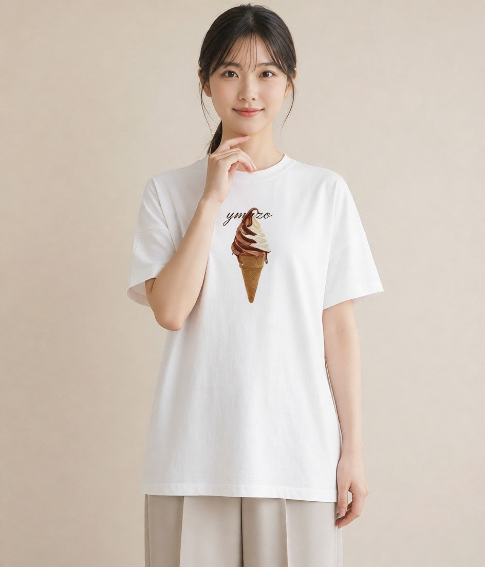 グラフィックTシャツ レディース ソフトクリーム 食べ物 フード イラスト ミニマル 夏コーデ 通学 白T YMAZO