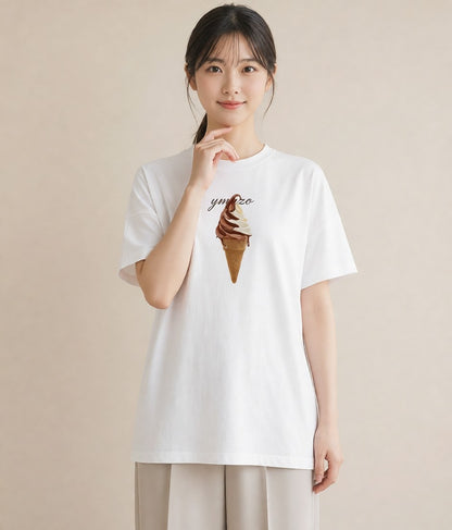 グラフィックTシャツ レディース ソフトクリーム 食べ物 フード イラスト ミニマル 夏コーデ 通学 白T YMAZO