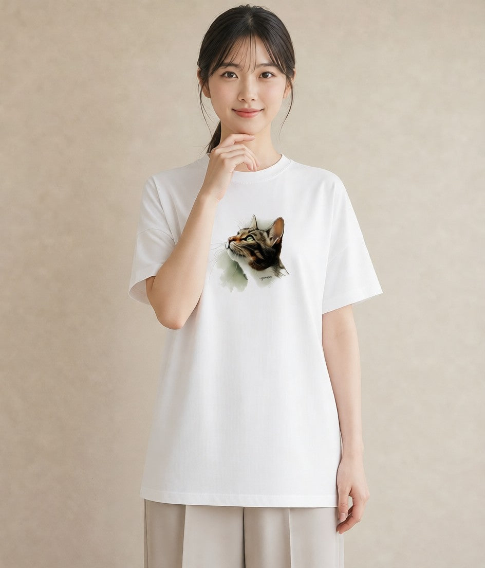 グラフィックTシャツ レディース ぶち猫 猫 ねこ イラスト アート風 女性向けギフト 散歩 白T YMAZO