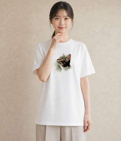 グラフィックTシャツ レディース ぶち猫 猫 ねこ イラスト アート風 女性向けギフト 散歩 白T YMAZO