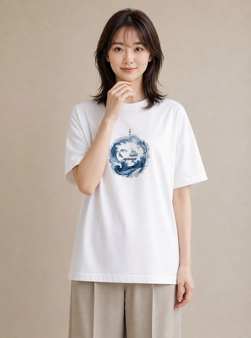 半袖Tシャツ レディース 波 星空 宇宙 イラスト ニュアンス お揃い 親子 白T YMAZO