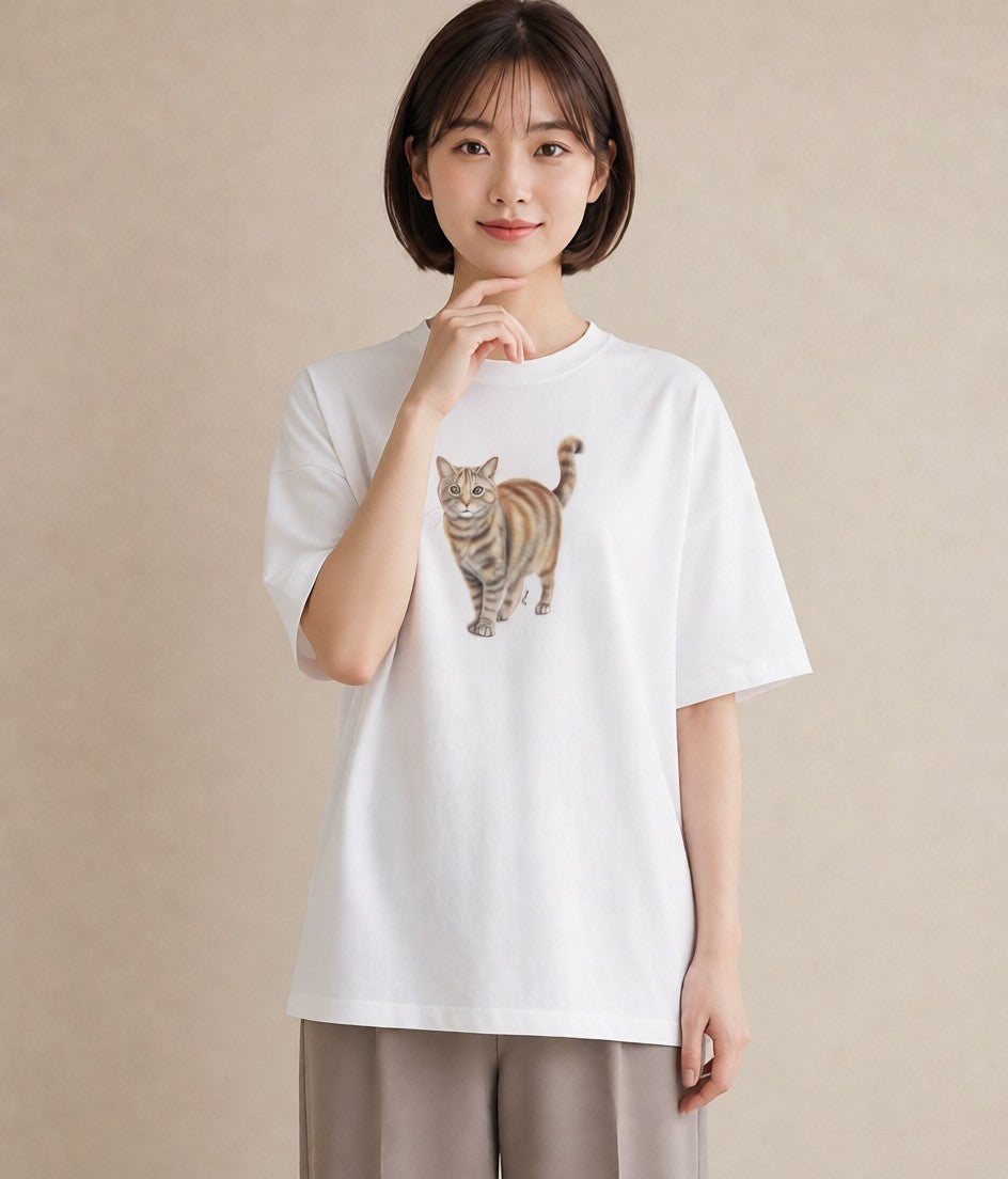 プリントTシャツ レディース スコティッシュフォールド 猫 ねこ イラスト 北欧風 カジュアルコーデ 買い物 白T YMAZO