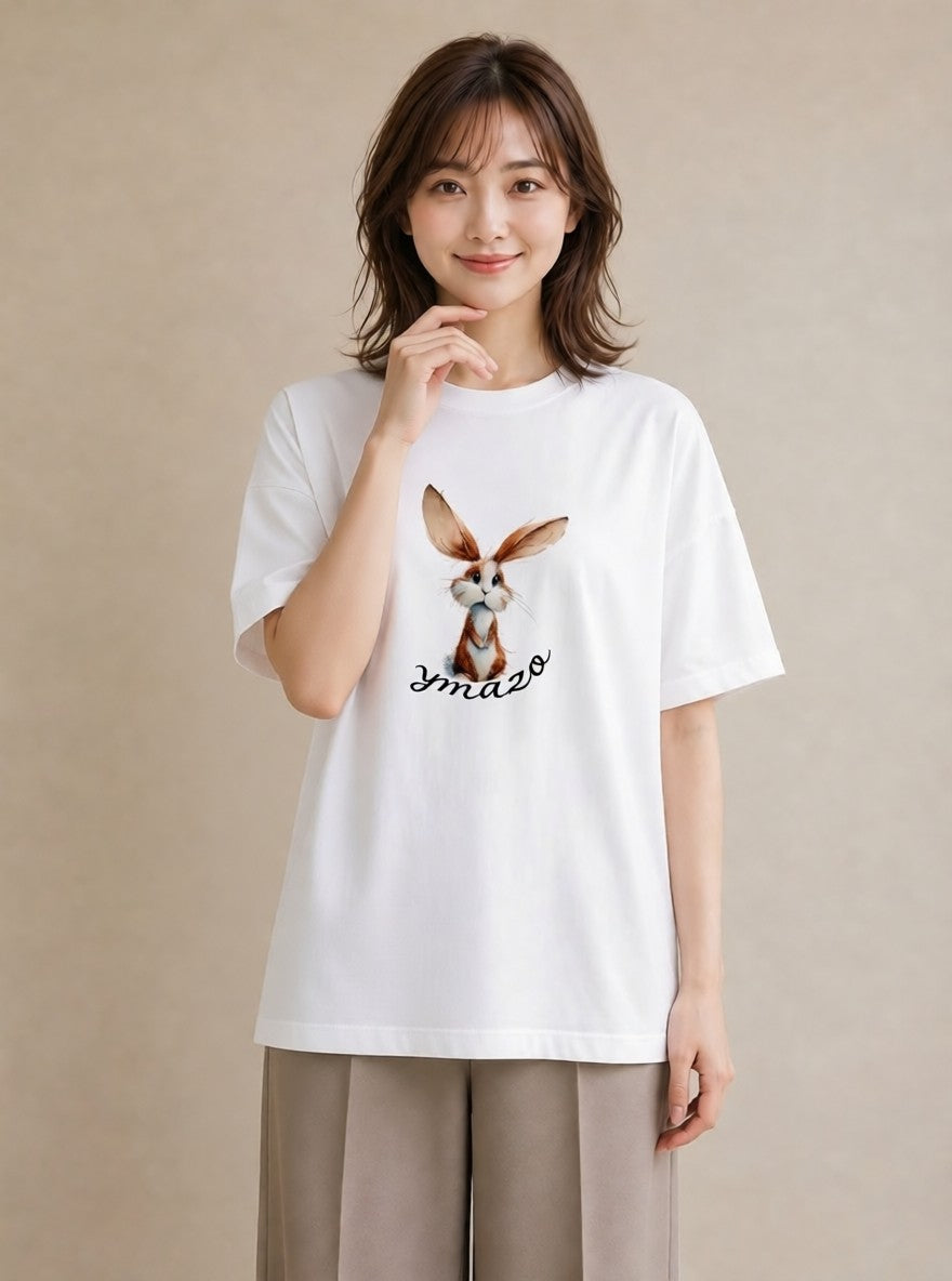 Tシャツ レディース ロップイヤー ペット 動物 イラスト アート風 ビーチ デイリーウェア 白T YMAZO