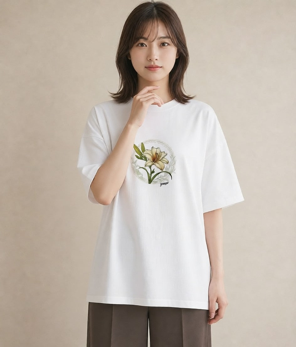 プリントTシャツ レディース ゆり 百合 花 花柄 イラスト 韓国風 女性向けギフト 散歩 白T YMAZO