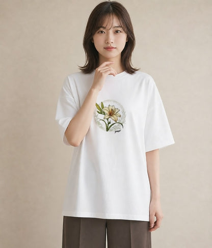 プリントTシャツ レディース ゆり 百合 花 花柄 イラスト 韓国風 女性向けギフト 散歩 白T YMAZO