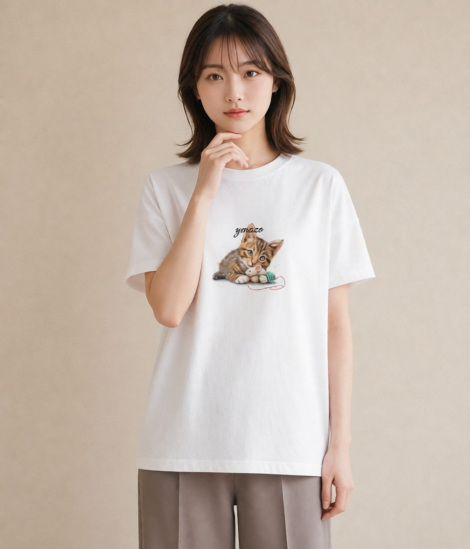 デザインTシャツ レディース 子猫 猫 ねこ イラスト 韓国風 誕生日プレゼント 綿100 白T YMAZO