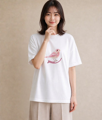 Tシャツ レディース 小鳥 ペット 動物 イラスト ガーリー ラフ レイヤード 白T YMAZO