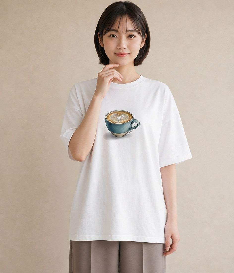 デザインTシャツ レディース カフェオレ 食べ物 フード イラスト 韓国風 海 カフェ巡り 白T YMAZO