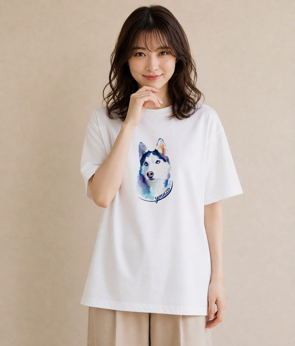 Tシャツ レディース シベリアンハスキー 犬 いぬ イラスト 線画 誕生日プレゼント 綿100 白T YMAZO