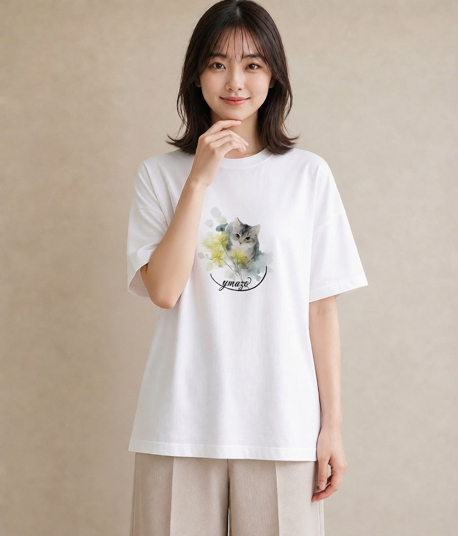 デザインTシャツ レディース 猫の手 猫 ねこ イラスト きれいめ 買い物 夏コーデ 白T YMAZO