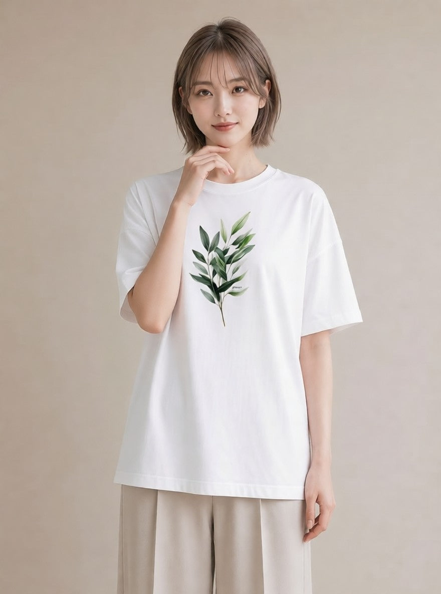グラフィックTシャツ レディース 新緑 植物 ボタニカル イラスト 旅行コーデ 社会人 女性 白T YMAZO