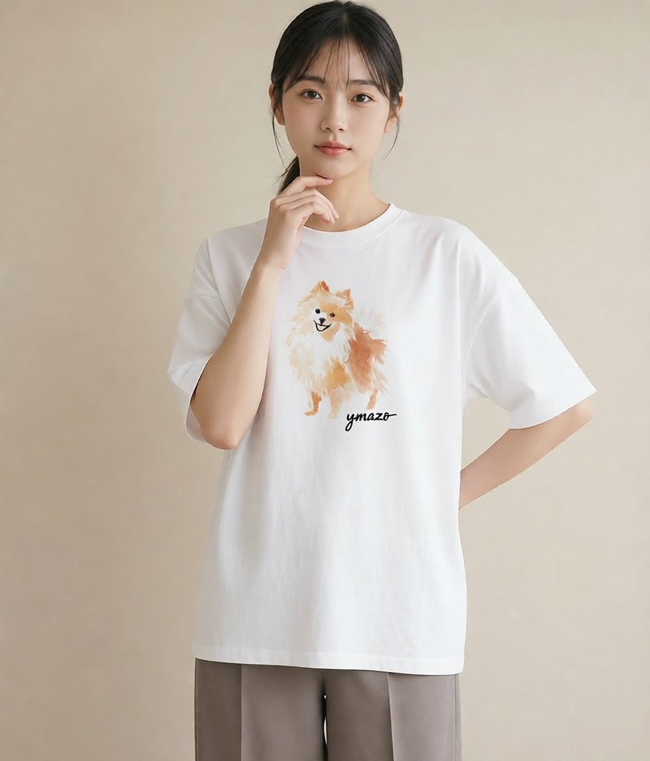 プリントTシャツ レディース ポメラニアン ポメ 犬 いぬ イラスト きれいめ 春服 ミセス 白T YMAZO