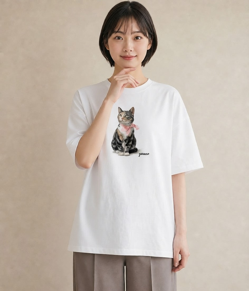 Tシャツ レディース ソマリ 猫 ねこ イラスト ラフ カジュアルコーデ 買い物 白T YMAZO