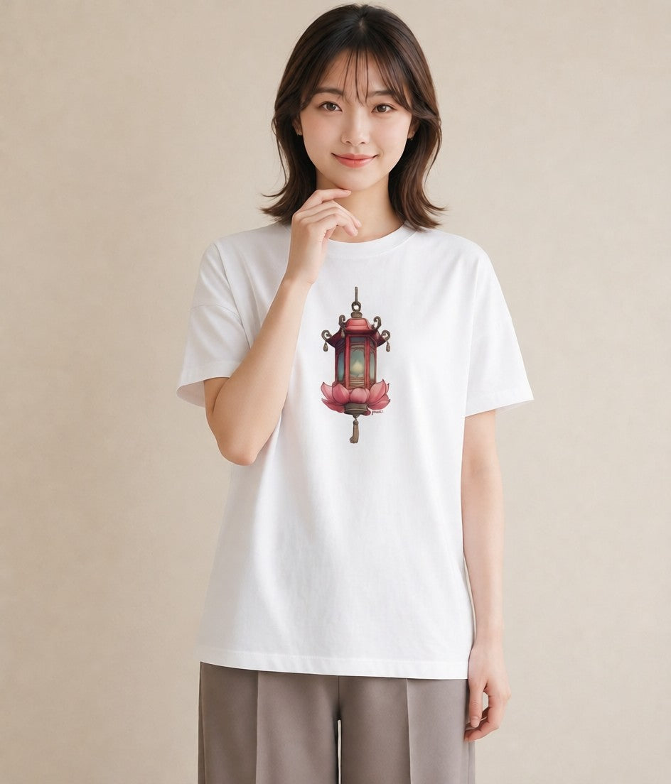 半袖Tシャツ レディース 街灯 夜霧 夜 ナチュラル アンティーク イラスト シンプル ホワイトデー 春服 白T YMAZO