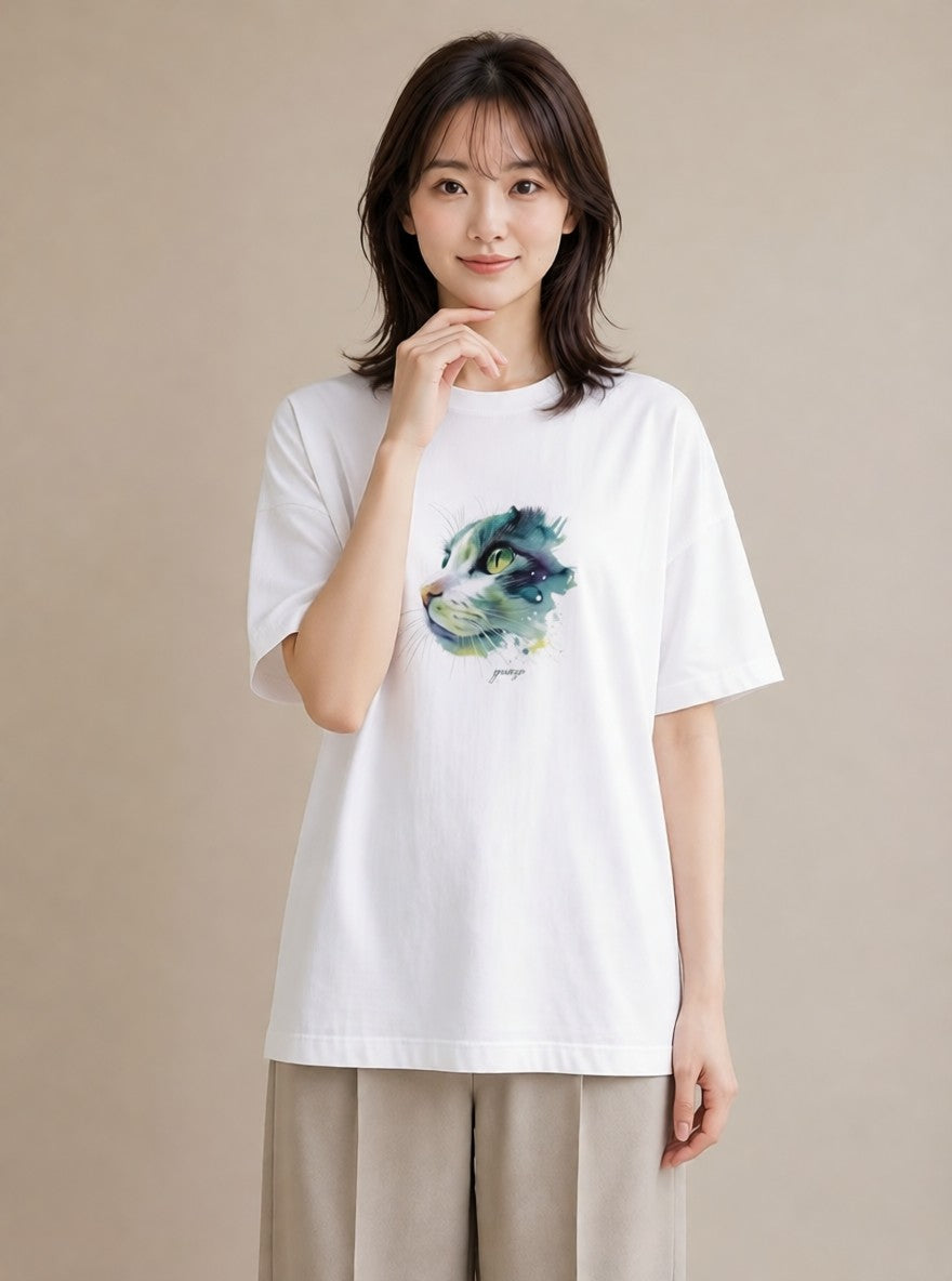半袖Tシャツ レディース スコティッシュフォールド 猫 ねこ イラスト カフェコーデ 部屋着 女性向けギフト 白T YMAZO