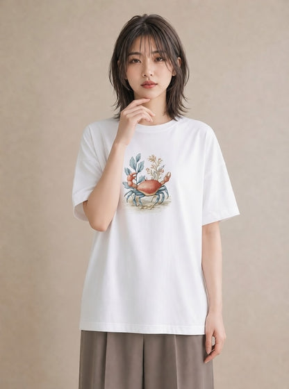 Tシャツ レディース カニ 海の生き物 海 イラスト ユニーク 女性向けギフト 散歩 白T YMAZO