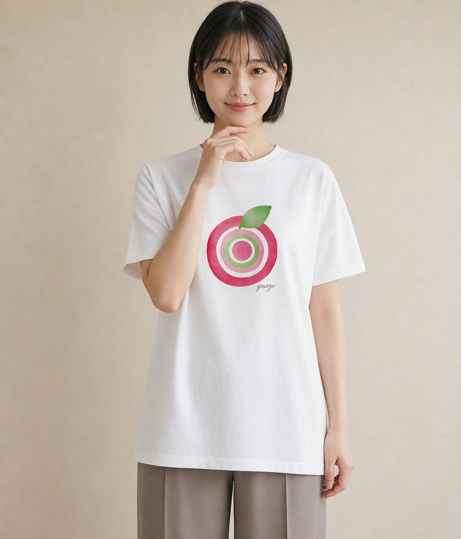 プリントTシャツ レディース りんご 林檎 アップル 食べ物 フード イラスト 韓国風 春服 ミセス 白T YMAZO