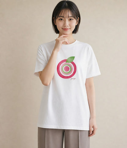プリントTシャツ レディース りんご 林檎 アップル 食べ物 フード イラスト 韓国風 春服 ミセス 白T YMAZO