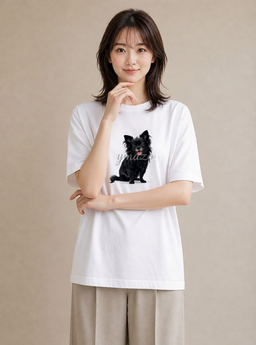 半袖Tシャツ レディース ロングコートチワワ 犬 いぬ イラスト きれいめカジュアル 春コーデ 姉妹 白T YMAZO
