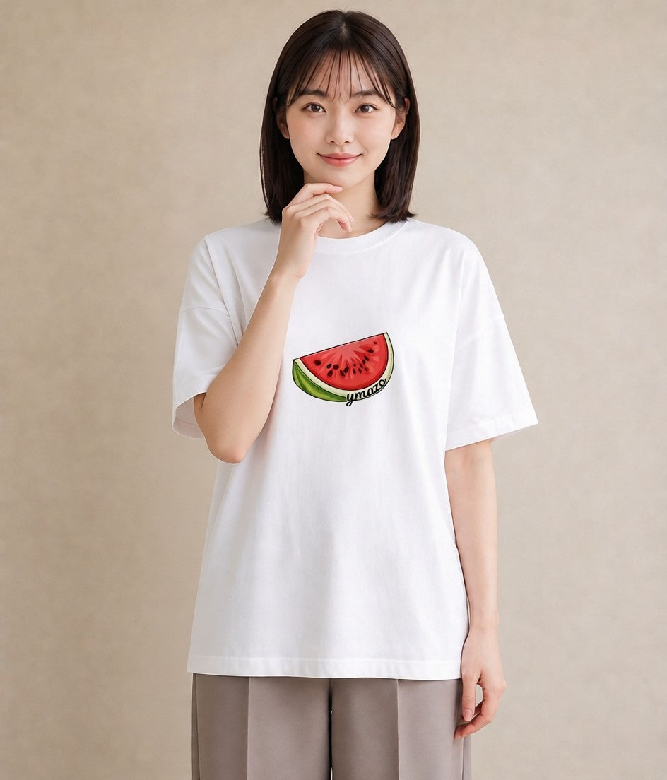 プリントTシャツ レディース すいか 食べ物 フード イラスト カフェコーデ ラフ レイヤード 白T YMAZO
