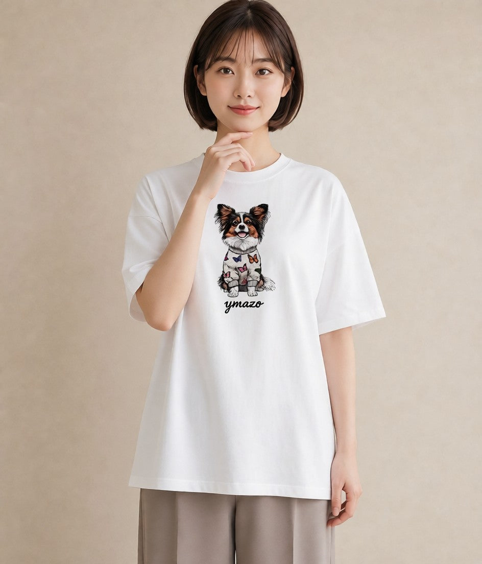 グラフィックTシャツ レディース パピヨン 犬 いぬ イラスト 北欧風 秋コーデ おしゃれギフト 白T YMAZO
