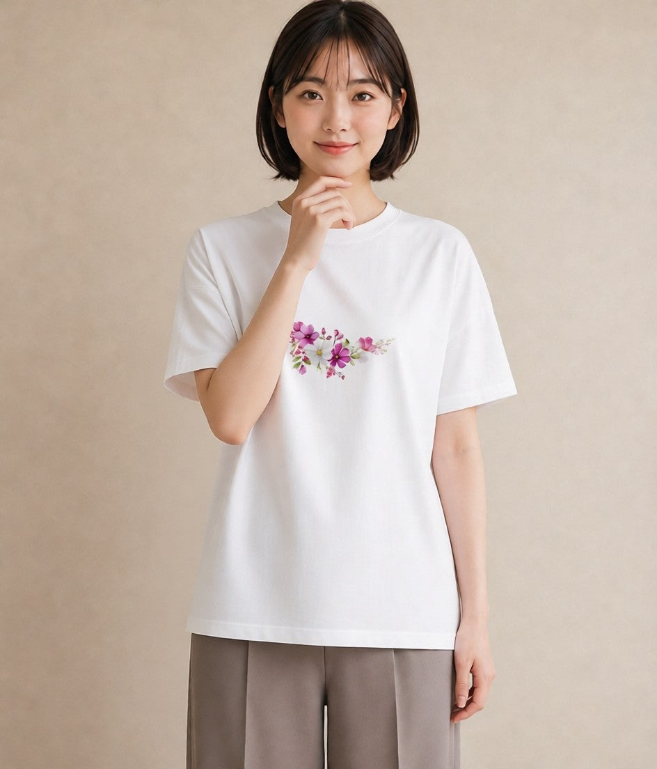 半袖Tシャツ レディース コスモス 秋桜 花 花柄 イラスト ミニマル 誕生日プレゼント 綿100 白T YMAZO