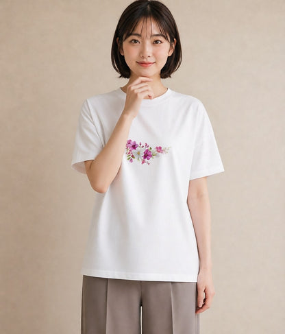 半袖Tシャツ レディース コスモス 秋桜 花 花柄 イラスト ミニマル 誕生日プレゼント 綿100 白T YMAZO
