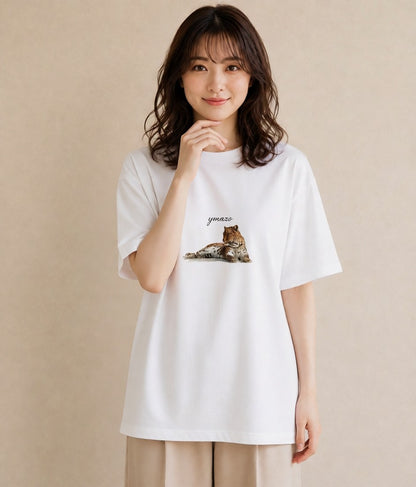半袖Tシャツ レディース ぶち猫 猫 ねこ イラスト 普段使い お揃い 親子 白T YMAZO