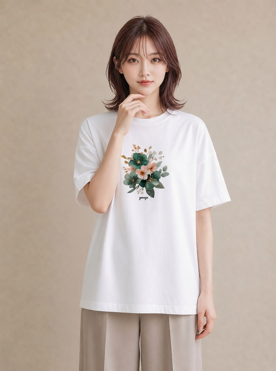 Tシャツ レディース 花 花柄 イラスト 韓国風 春コーデ 姉妹 白T