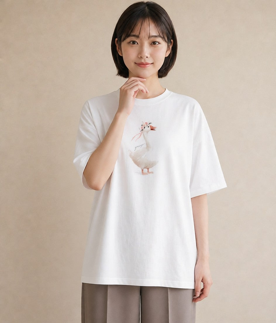 デザインTシャツ レディース アヒル 動物 アニマル イラスト 綿100 デート 白T YMAZO