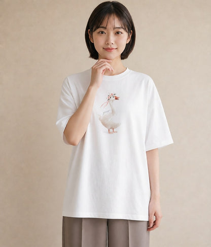 デザインTシャツ レディース アヒル 動物 アニマル イラスト 綿100 デート 白T YMAZO