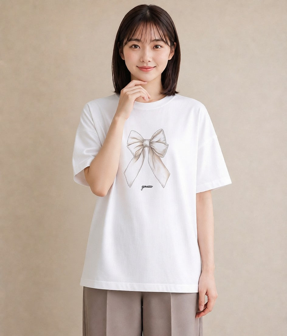 半袖Tシャツ レディース リボン ボウ りぼん イラスト ラフカジュアル 春コーデ 姉妹 白T YMAZO