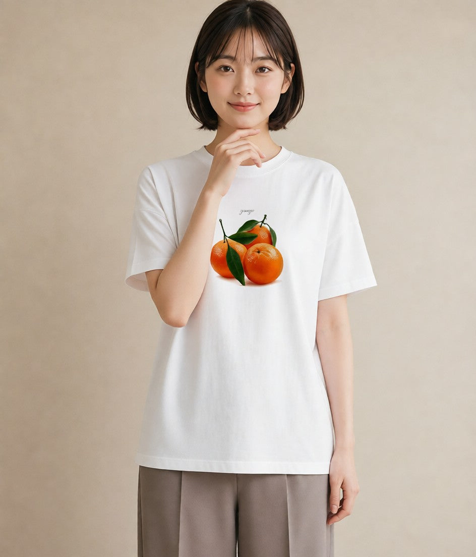 グラフィックTシャツ レディース みかん 食べ物 フード イラスト きれいめカジュアル 通勤 在宅 白T YMAZO