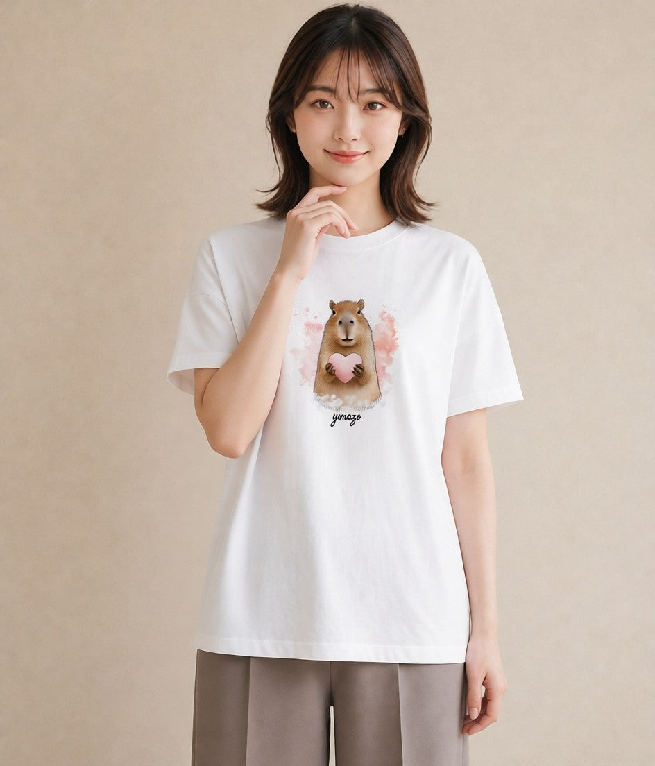 半袖Tシャツ レディース モルモット ペット 動物 イラスト 手描き風 誕生日プレゼント 綿100 白T YMAZO