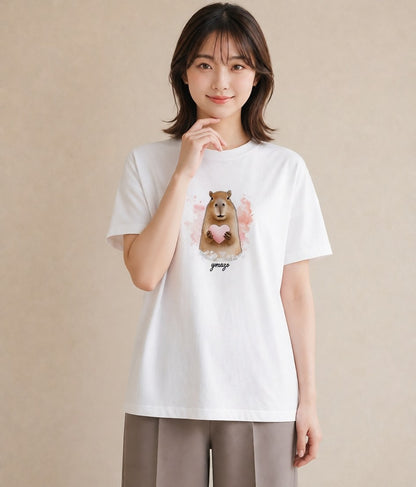 半袖Tシャツ レディース モルモット ペット 動物 イラスト 手描き風 誕生日プレゼント 綿100 白T YMAZO