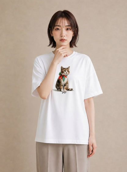 半袖Tシャツ レディース サバトラ 猫 ねこ イラスト シック ビーチ デイリーウェア 白T YMAZO