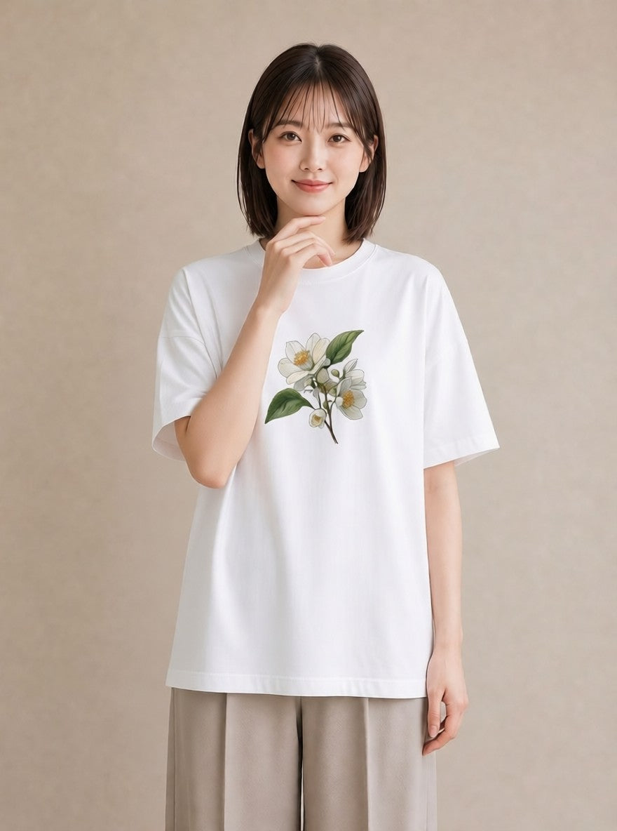 グラフィックTシャツ レディース 金木犀 花 花柄 イラスト 可愛い カジュアルコーデ 買い物 白T YMAZO