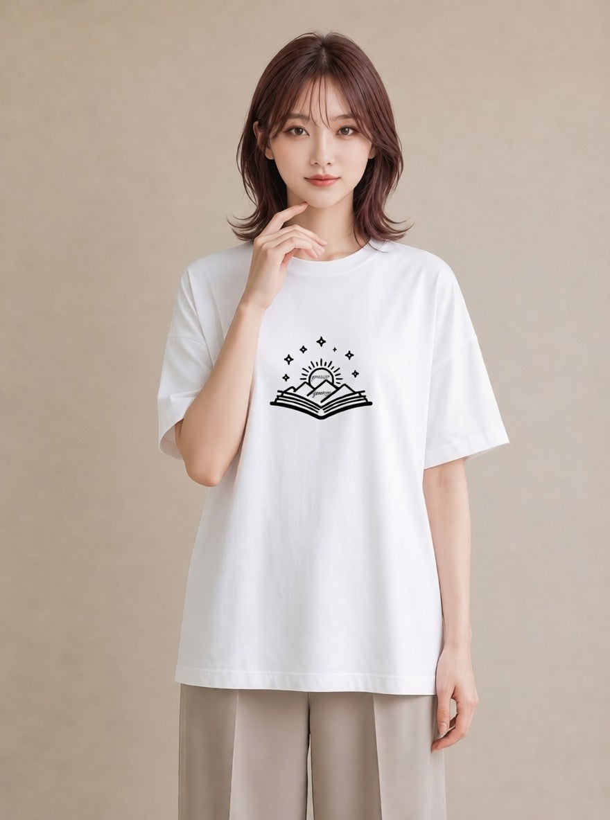 半袖Tシャツ レディース 本 読書 ブック イラスト 線画 休日 ペアコーデ 白T YMAZO