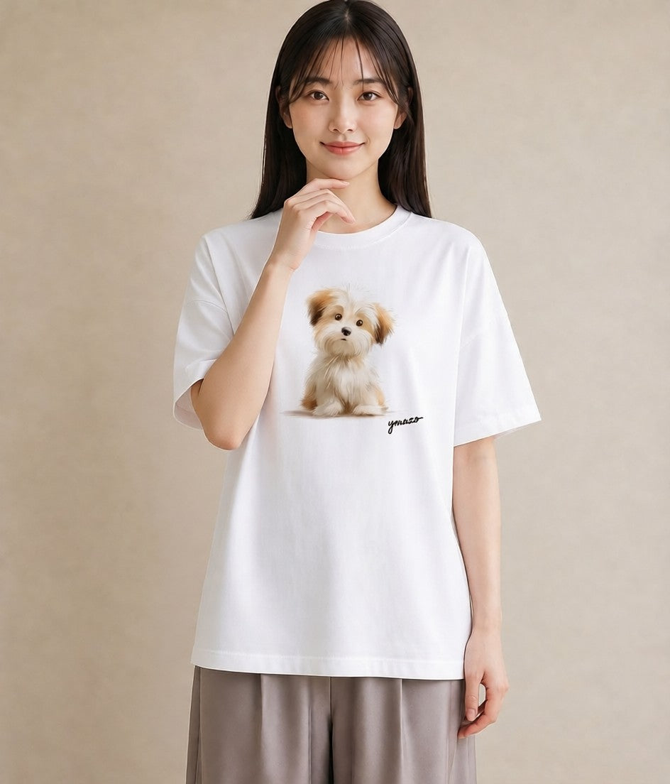 プリントTシャツ レディース 子犬 犬 いぬ イラスト ニュアンス 春服 ミセス 白T YMAZO