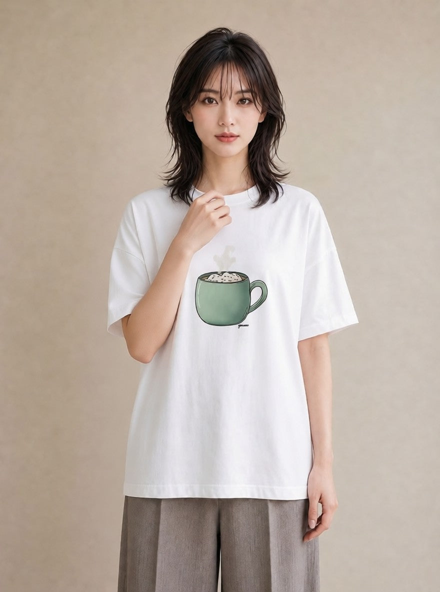 半袖Tシャツ レディース カフェラテ 食べ物 フード イラスト きれいめ 春服 ミセス 白T YMAZO