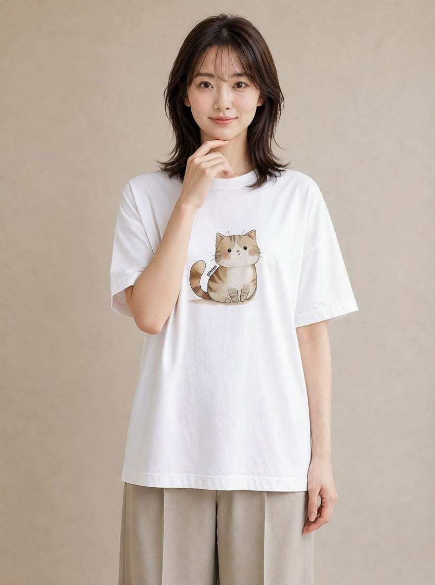 半袖Tシャツ レディース しっぽ 猫 ねこ イラスト きれいめカジュアル お揃い 親子 白T YMAZO